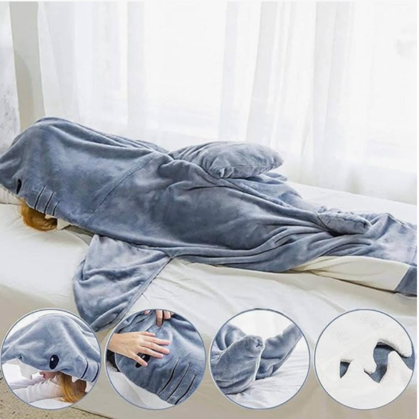 Shark Blanket Hoodie Onesie for Adult & Kid, Wearable Shark Sleeping Bag, Soft Cozy Onesie Costume